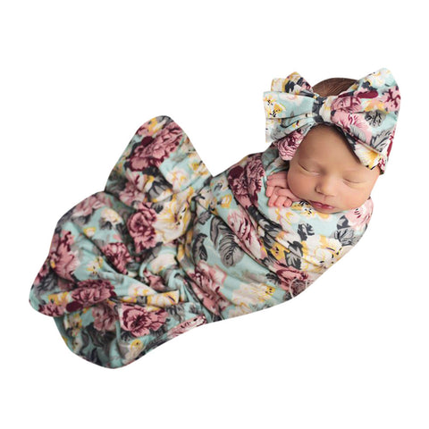 Floral Printed Muslin Swaddle with Headband