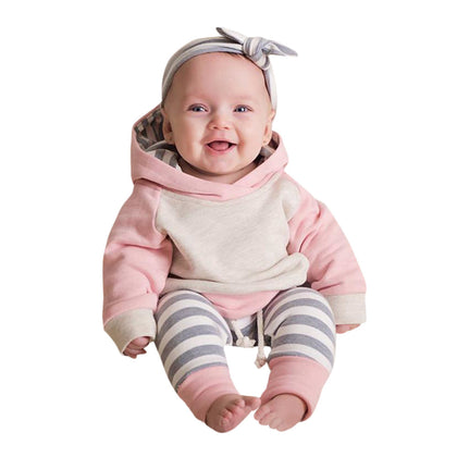 3-pc Pink Winter Outfit Set Hoodie Tops + Pants + Headband